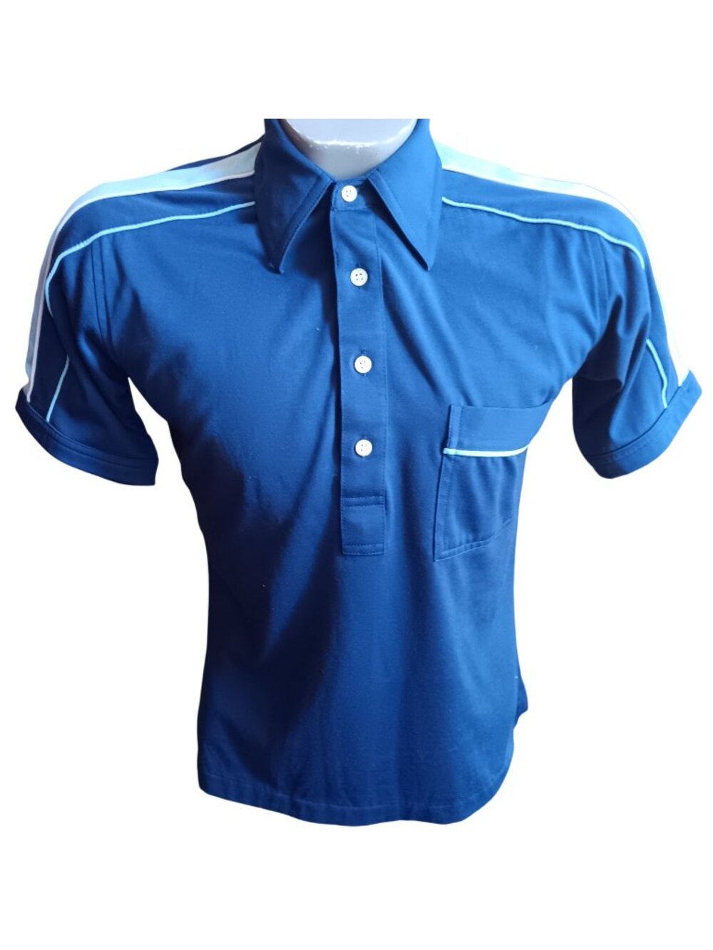 Small Vintage 80's JC Penney Old Man Shirt Blue Polo Single Stitch Golfer Tennis